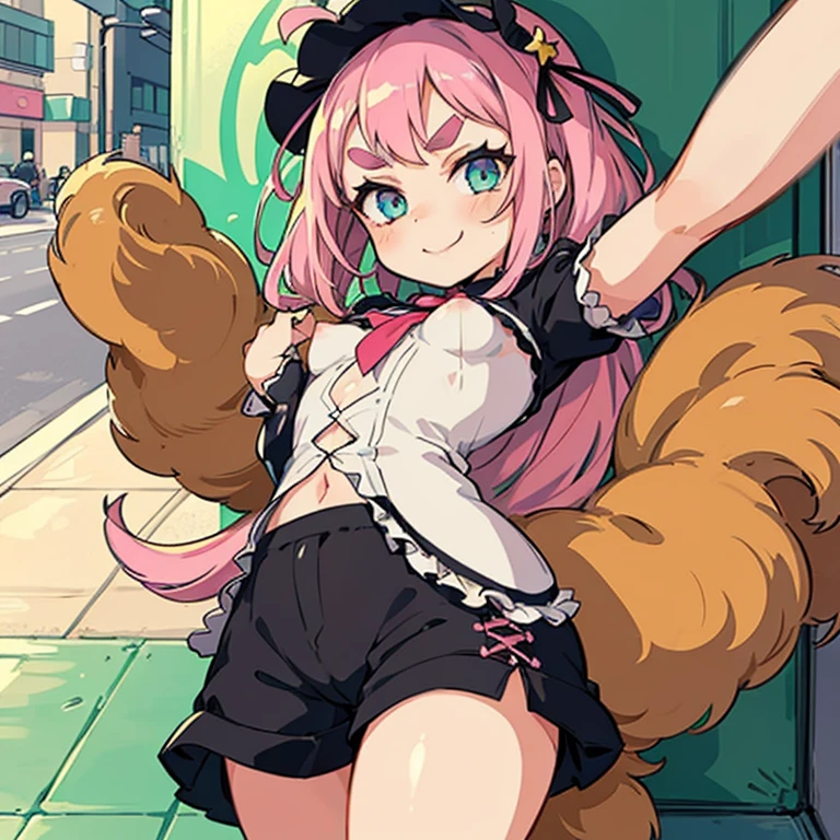 Girls with pink hair, long double-tailed hairstyle, ((small pink bushy eyebrows)), wearing ta clothing, shorts, marked vagina, loli(Zankuro) drawing style by zankuro artist, Zancro style, image uploaded to R34, flirty smile, take a selfie from below, close-up, (( showing pubes )) in street ((grabbing breast each other))
