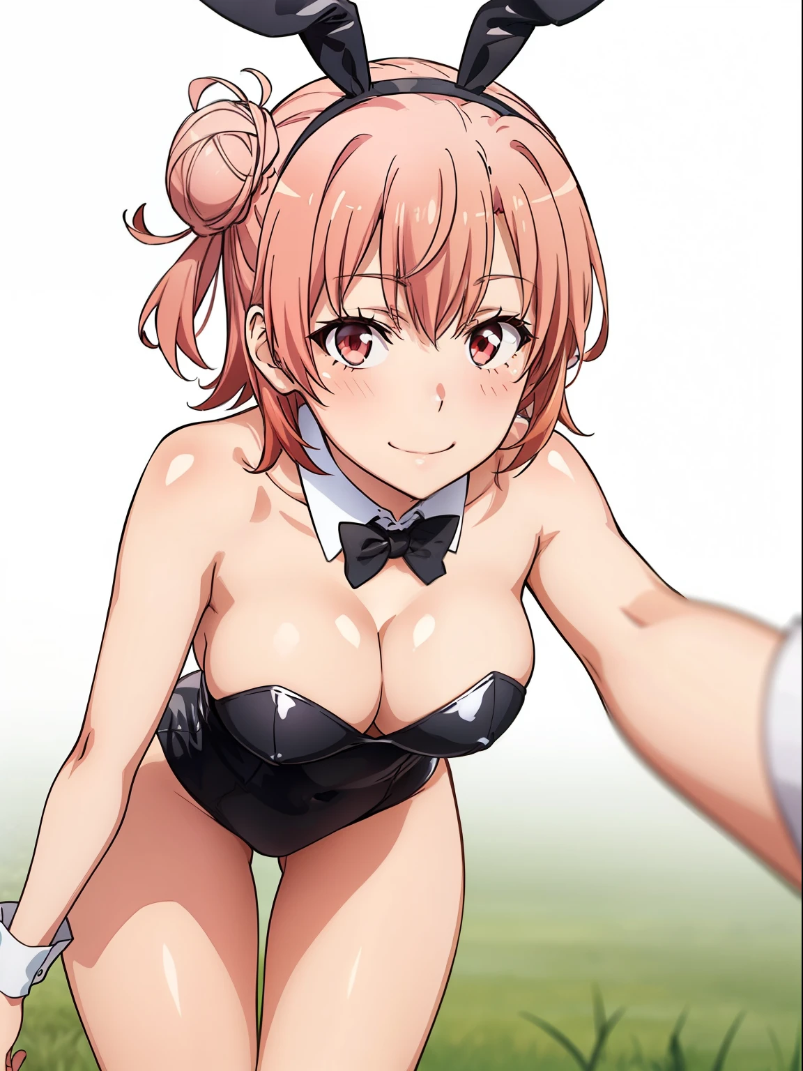 ((masutepiece, Best Quality, hight resolution, nffsw, Perfect Pixel, depth of fields, 4K, )), 1girl in, Solo, , Beautiful anime girl, Beautiful Art Style, close up, Looking at Viewer, Perfect body, Yuigahama Yui, Short hair, single hair bun, pink hair, (large boob), Full face blush, Smile, thighs thighs thighs thighs, black playboy bunny, white background, Leading Ahead, bent over, Cowboy Shot, Focus,