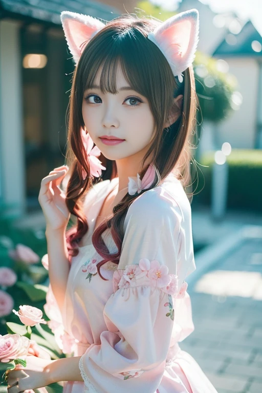 Nine pure white fox tails (1.0), milky white fox tail (1.0), キツネのKyuubiのクローズ アップ, Kyuubi, Kyuubi, Anime girl in a pink dress with pink hair and flowers in her hair, very beautiful anime fox girl, beautiful anime fox girl, beautiful fantasy anime, Gweiz, anime girl with fox ears, beautiful anime girl, very beautiful and cute fox girl, pink flower rain, background blur, anime style 4k, anime fantasy artwork, 4k anime wallpaper, Gubes style artwork