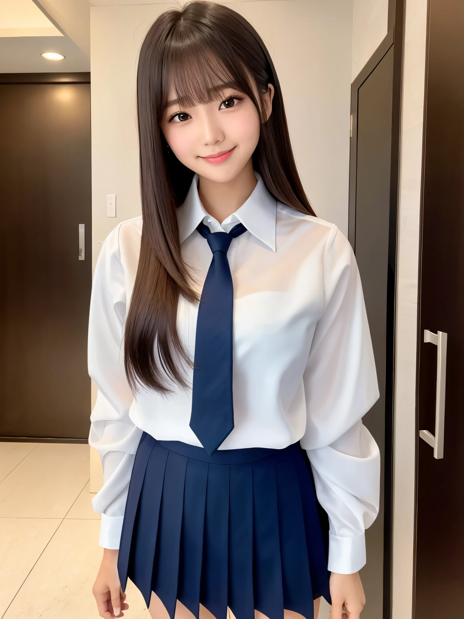 product quality, 1girl, upper body shot, front view, a Japanese young pretty girl, long bob hair, waving her hand slightly with a big smile in front of her luxury apartment entrance in the night, glamorous figure, wearing a white collared shiny satin shirt of long sleeves, shiny satin dark blue plain long tie, dark blue pleated long skirt, school bag over her shoulder, hyper cute face, glossy lips, double eyelids in both eyes, natural makeup, long eyelashes, shiny smooth light brown long bob hair, asymmetrical bangs, a tanned skin, central image, high resolution, high detail, detailed hairstyle, detailed face, spectacular cinematic lighting, octane rendering, vibrant, hyper realistic, perfect limbs, perfect anatomy