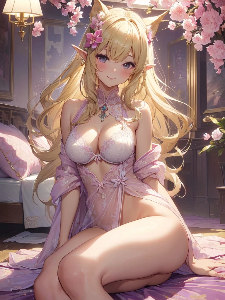 highest quality、Highest image quality、masterpiece、beautiful face、、Titania、Super beautiful elf beauty((22 years old OL big bust、bust 90,beautiful long ironed hair、blonde、Height: 165cm。slender、sexy、Esbian、beautiful underwear、panties、bra、sleeping in bed、like、cushion、night、High quality、美しいart、beautiful forest、、muste piece、ビジュアルart、Depth of the bounds written、、elf ears、、Lightの魔法、universe、、A happy smile、穏やかなLight、Elven Forest、cherry blossoms、、elegant、ticker beautiful decorative、、mystical rosa、dance、flower瓶、魔法のflower、flowerを作る魔法、Light、、beautiful stockingyth、ART、Lord of the Ring、spectacular scenery、sexy、friendly smile、fantastic world、cherry blossoms、舞い散るflowerびら、cherry blossomsのflower、universe、魔法のLight、fantasy、flower、super REALITYMany roses、Interior decoration、Many tapestrieysteryのLight、byzantine、renaissance、Art nouveau、Alphonse Mucha、、art、art,mystery,UHD,magicalgentle light,sexy、nsfw