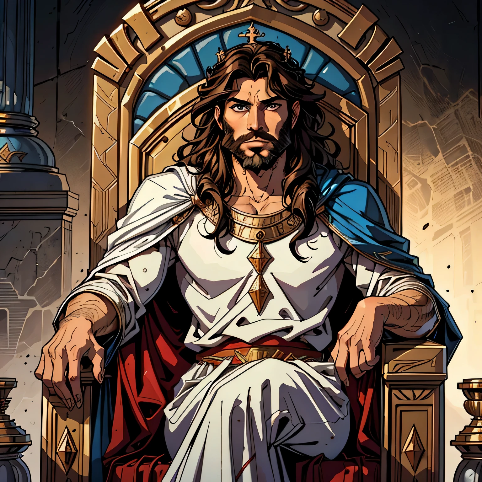 best quality image, man, 35 years old, king, biblical style, dark curly hair, thin beard, indecisive look, wearing Hebrew style king's clothes, nothing in his hands, sitting on a biblical style throne, Hebrew, biblical character