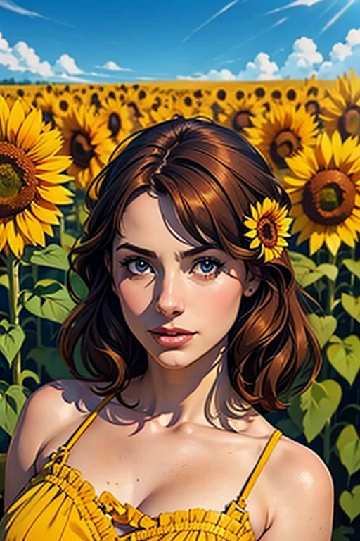 realistic portrait of two sunflowers side by side in the center of a huge lawn with barias flowers in the background on a sunny day  