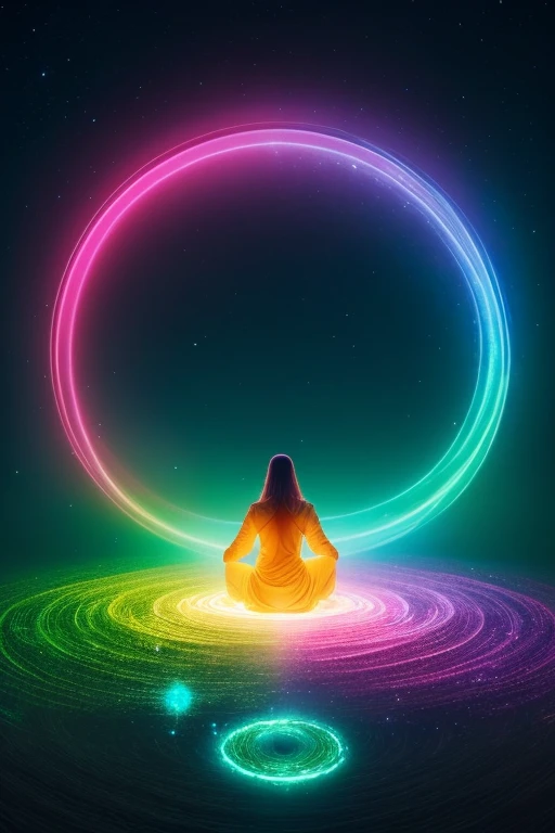 A thumbnail depicting the relationship between a person's gas field and blood flow "gas." In the center, There is a figure sitting quietly meditating, Surrounded by lights of various colors. energy of "gas" Radiate from this person,Flowing into the surrounding space, Full of fantasy. Background composed of dark purple, bluth, and green, Awakening spiritual energy and the mysteries of the universe. Balls of light and waves of energy spread out from the person, Embodying the unity of inner and outer energy.