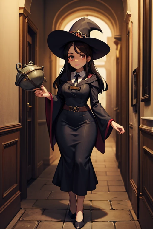 A black haired female witch with brown eyes with an hourglass figure in a conservative victorian dress is holding  a cauldron in a hallway