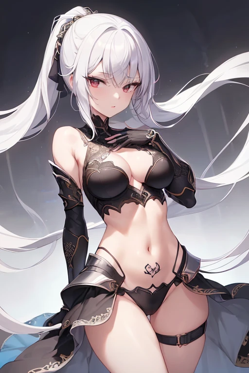 1girl, anime, cute girl, blank background, white background, fantasy, detailed fantasy dress with highlights, beautiful face, beautiful eyes, dark colors, black hair with multicolor streaks, red eye with different color pupil in eye, multicolor eye, medium small breasts (slightly big), slight cleavage, beautiful skin, cute, breast curtains, extremely delicate and beautiful, (beautiful detailed face:1.0), (detailed deep eyes), symmetrical breasts, deep eyes, shiny skin, portrait, slender waist, hips wider than shoulders, thighs, expressionless, young girl, luminous eyes, adorable,(Kpop idol),(aegyo sal:1),(Platinum blonde hair:1),((puffy eye)),Black panty,sexy posture,Superskirt, ultra high resolution,Black collar,slim figure, Abdominal y tattoo, womb tattoo,Tight-fitting leg ring,y tattoo on half-body,Bare skin, Armored hand,Hidden fingertips,Hand covered,Arm covered,Fist covered,{{beautiful detailed fingers}}, tufts of hair, moderate beautiful breast:1.0,(masterpiece:1.2), best quality, high-res, HDR, perfect face, intricate armor, delicate blue filigree, intricate filigree, red metalic parts, detailed part, dynamic pose, dynamic lights,