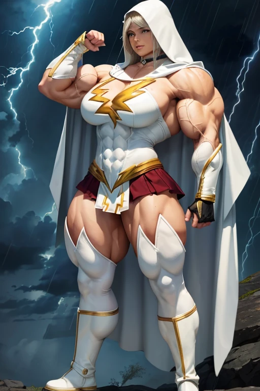 ((((Massive, tall, beautiful, buff, brown skinned muscular woman with white hair, ginormous bulky muscles, holding lightning and wearing a all white Shazamsuit with pleated skirt and a hooded cape)))), close view, (((massive muscle))), massive biceps, hyper muscle shoulders, massive muscle arms, vascular shoulders, hyper muscle triceps, (long straight hair), blue eyes, superhero gauntlets, choker, ((in a thunderstorm island)), superhero boots, confidant smile, night, hyper vascular arms, hyper muscles arms, hyper muscle legassive arms),
