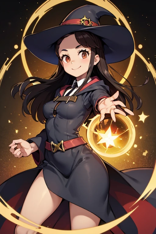 A black haired female witch with brown eyes with an hourglass figure in a conservative victorian dress is smiling with a golden ball of energy in her palm