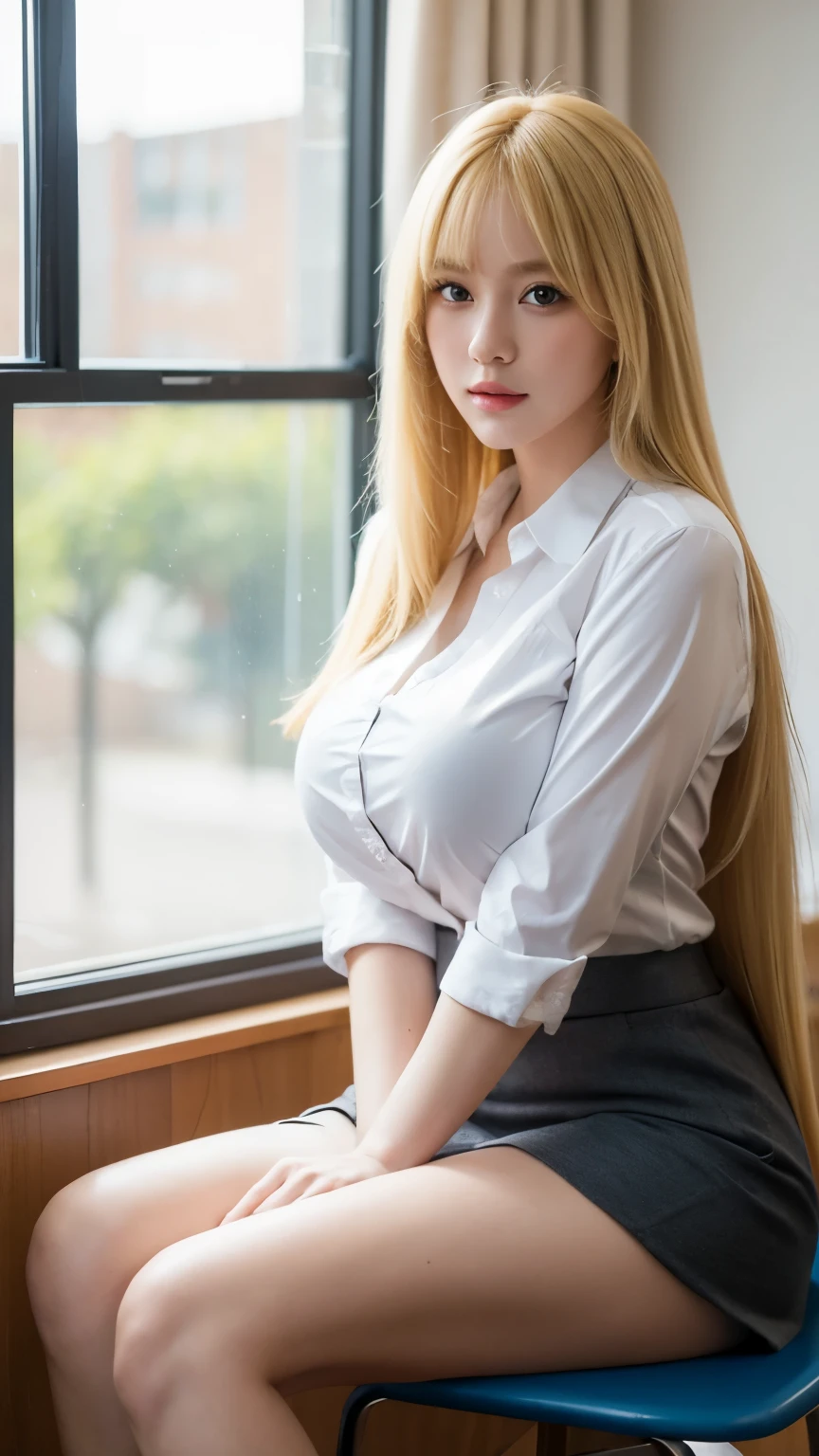 1girl,huge breast, blonde hair, long hair,bang, teacher clothes, high quality, ultra detailed, masterpiece, realistic, sitting,in classroom