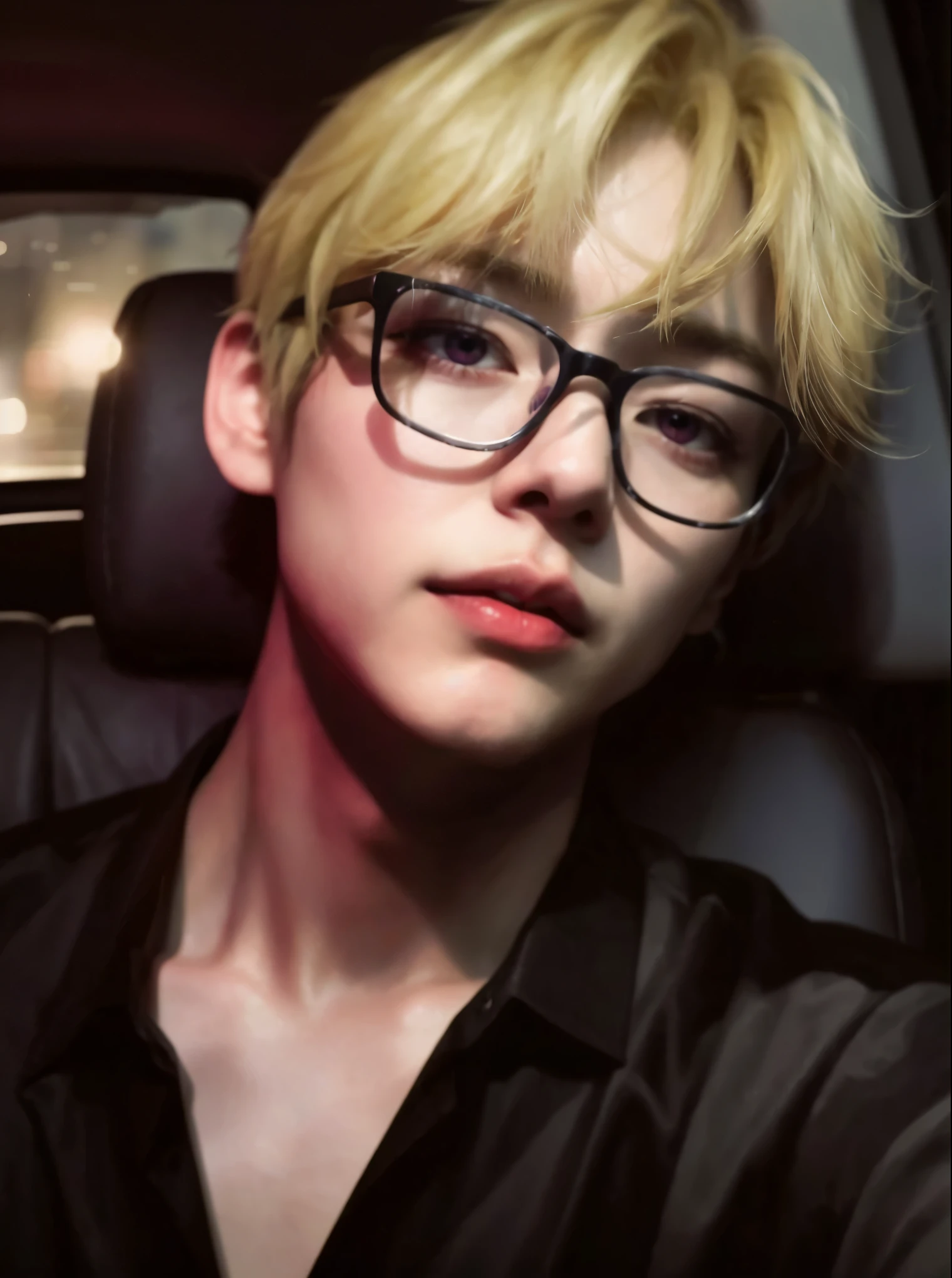 Blonde man with glasses in a car with a black shirt, kpop idol portrait, retrato nft, inspirado em Yanjun Cheng, obras de arte no estilo de guweiz, retrato de alta qualidade, [ arte digital ]!!, Jimin, park Jimin, inspirado em jeonseok lee, retrato de lofi, retrato de ultra realista, KDA, made with anime painter studio, Kim Taehyung, Taehyung, V, BTS, Kim Taehyung do BTS