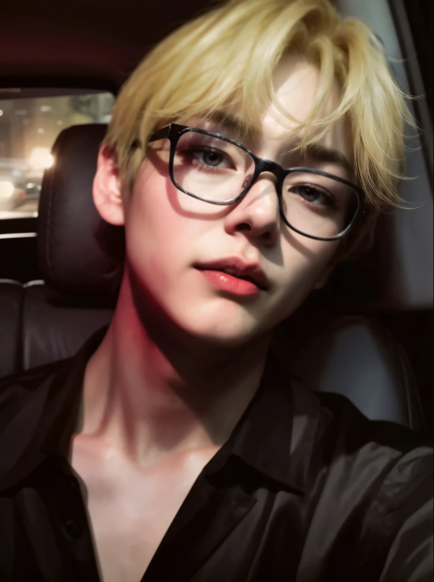 Blonde man with glasses in a car with a black shirt, kpop idol portrait, retrato nft, inspirado em Yanjun Cheng, obras de arte no estilo de guweiz, retrato de alta qualidade, [ arte digital ]!!, Jimin, park Jimin, inspirado em jeonseok lee, retrato de lofi, retrato de ultra realista, KDA, made with anime painter studio, Kim Taehyung, Taehyung, V, BTS, Kim Taehyung do BTS