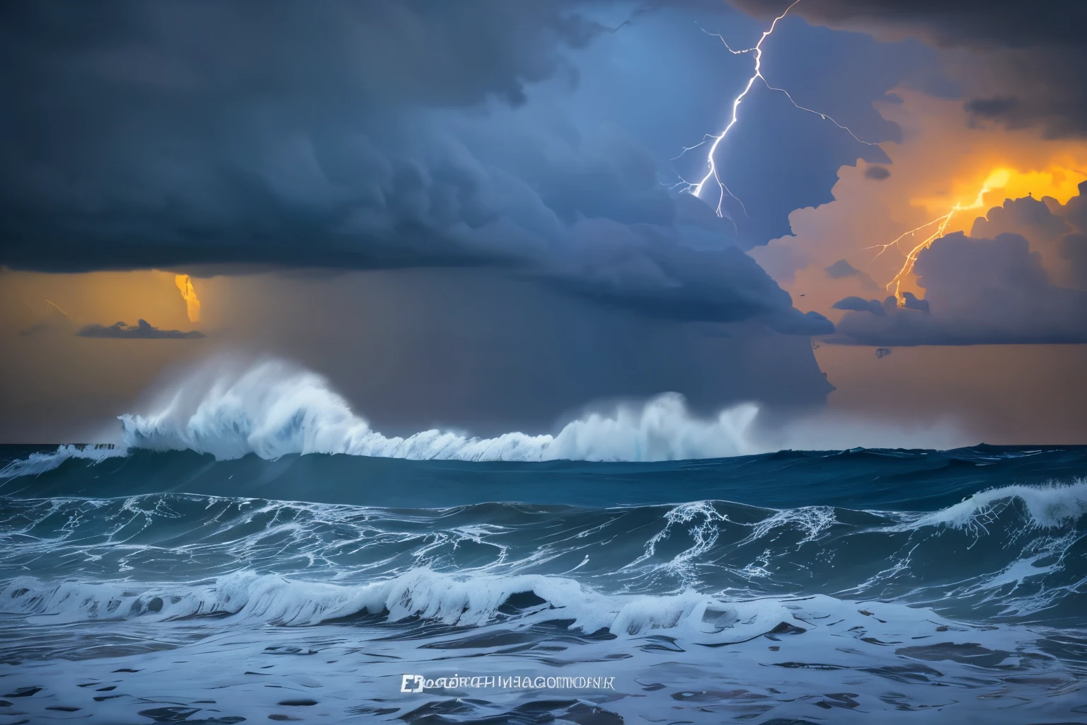 violent storm,The sea roared,Huge waves rolling,The waves lap against the reef on the shore,Big rocks on the shore with splashing waves,The sky is gloomy,Dark clouds rolling,Thunder and lightning,Seagulls fly between the waves,Water and sky,The sound of the waves is deafening,majestic,Amazing,The overall composition is impeccable, surreal art,8k,Artistic style is a depiction of nature,Evoke the audience's sense of awe for nature,Exquisite details,ambient light,Lightning lightning,Depression,close shot,medium long shot,--3:4 --style200 --v7