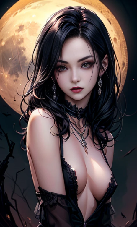 vampire、two kiss、Depth of bounds written, detailed eye, ((CG illustration)), ((face focus)), ((masterpiece)), ((8K)), ((super detailed)), ((Super high quality)), ((cinematic)), ((Photoreal)), ((close up shot)), (solo), (cool girl), very long hair, straight hair, (((thin body))), Glossy skin, ((look away)), (Beautiful goth girl with high cheeks and legs), Gothic makeup, clear eyes, lipstick, dark eye shadow, ((No bra)), choker, earrings, provoke, night, ((full moon)), ((Functional)), Lonely, Visual kei, ((pastel colour)), Unwound clothes, forget, kiss, White Knight, dark, silence