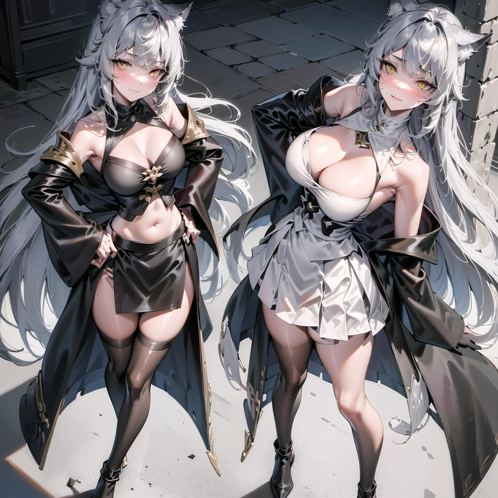 Full body portrait, solo (1woman), masterpiece, 4k, wallpaper, highlydetailed face, ultra-detailed face, voluptuous, big breasts, curvy, long hair, gray-silver hair, a young wolf woman, wolf ears, long wolf tail, beautiful, enchanting, bright yellow eyes, detailed eyes, ultra-detailed eyes, elegant, small vertical scar under right eye, small rosy lips, big breasts, slender elegant arms, pretty hands, detailed hands, charming, slight blush, smug smile, black stylish shorts and top outfit, detached sleeves, light black armor, armored skirt, black armored coat, bare off shoulders, toned abs, exposed belly, standing pose, hands on hips pose