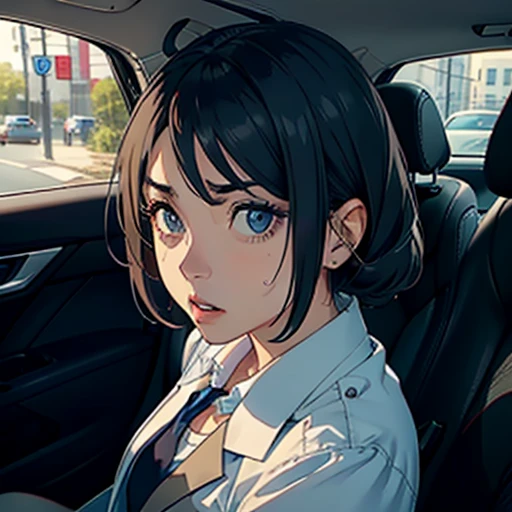 1 female,in car,Wear a casual suit,The facial expression is shocked,Eyes enlarged,Close-up shot, have to pee, brow sweat,