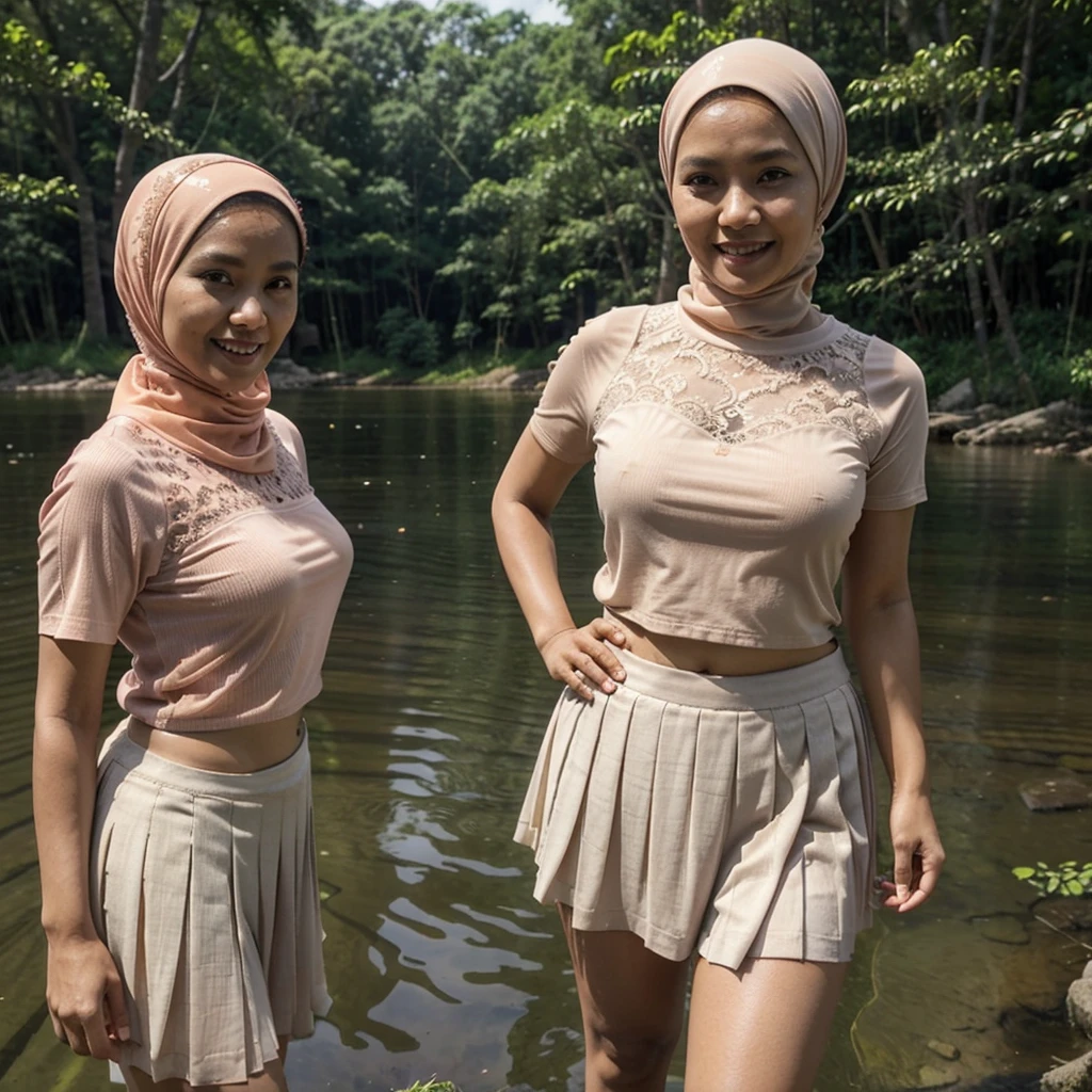 A 52 years old Indonesian woman in peach color hijab, wearing peach color lace tight t-shirt, wearing very short see-through white pleated skirt, skirtlift, villager, poor woman, darker skin, curvier body, short body, smiling and standing by a lake in a dark forest, look to the viewer with eye close