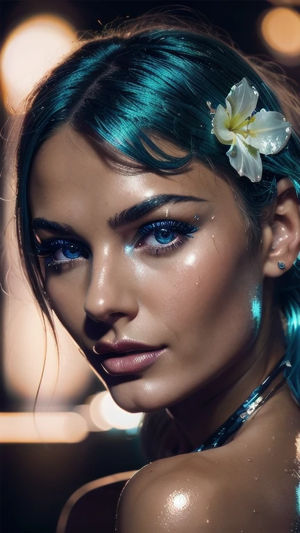 a close up of a woman with blue hair and a flower in her hair, makeup. unreal engine, wet shiny skin, slightly tanned, close up of a blonde woman, captivating glowing lights, bronze face, inspired by Petros Afshar, portrait of nordic girl, tears running down face, 4 k editorial photograph, glossy photo,flat chested,pov, Orgasm and passion on the face, excited lips,orgasmface, Very excited look and look