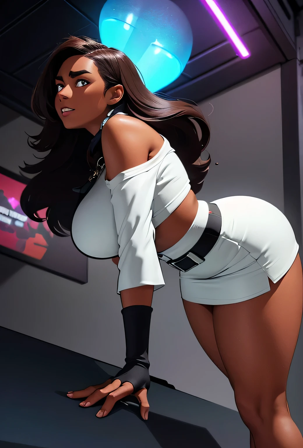 ((masterpiece, amazing quality, incredibly aesthetic, incredible sharp absurdres, incredibly sharp gradients, deep highlights,  very Darkskin connie maheswaran as Aba, realistic features)), off white skirt with studded lower trim, matching  off white  off-the-shoulder top with sleeves, brown studded belt with key belt buckle ,  brown fingerless glove adorned with a red lock on her left hand, light gray shoes, black key sprouts from either side of her head, with the head of the key jutting from her right and the key bit on her left,  shortstack, strong,  toned, salaciously curvaceous, gamer girl, arcade,  putting her quater down on a fighting arcade  screen, waiting her turn, cool nerd,  ((Perfect rectangle body, perfect black eyes, perfect hands, perfect face, perfect golden ratio three sizes)), motion details,((wide shot, 
sensual perspective, Life size body, dynamic angle, rule of third,  dynamic Line of action, dynamic scenery, atmospheric lighting, rich atmosphere, cool tones,  atmospheric shading,  side profile ,   atmospheric shadowing,   neon led coloring, thickline art, sound effects,  ,  sensual lighting, bright lighting, Cinematography, big pear breast, heart hips, large ass))