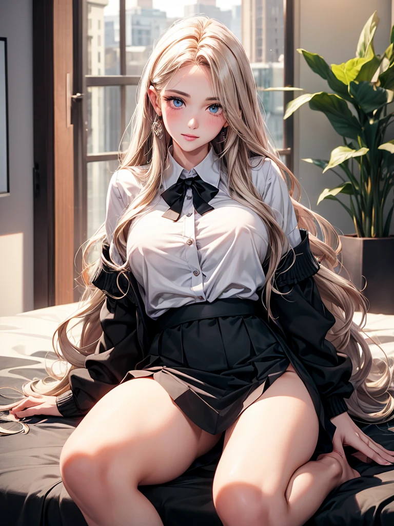 A woman, 30 years old, Mature, Super textured hair, Extra long wavy hair, Single ear front hair, Nice face, Super detailed eyes, Grow eye hair, shining pupils, Charming eyes, Beautiful and delicate lips, seductive smile, A light blush, Very detailed face, Extra detailed body, High quality real skin texture, (Advanced semi-transparent chiffon office clothing design), white collared shirt, black skirt, Lace trim at hem, Black underwear, barefoot,