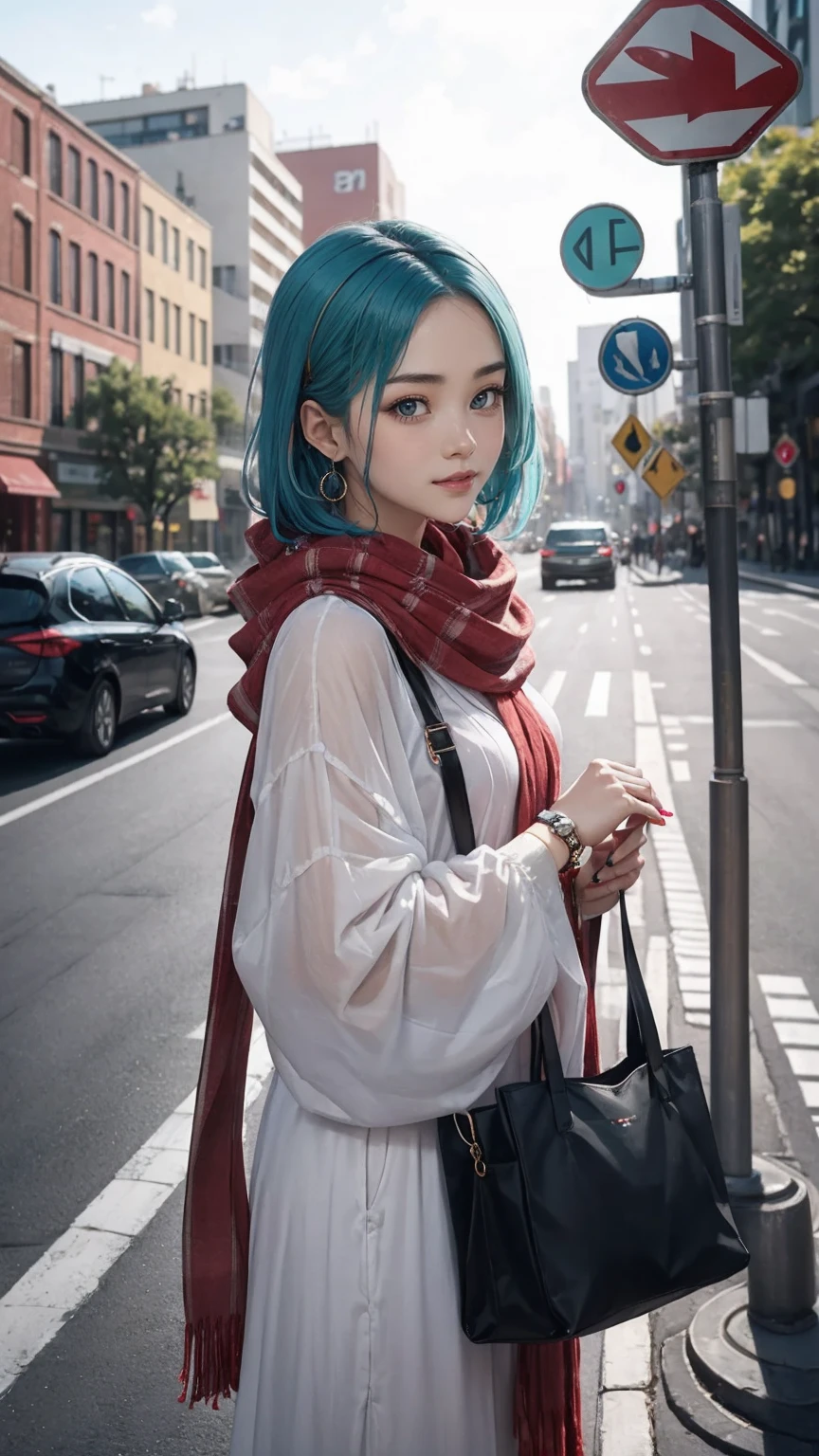 (最high quality, 8K, masterpiece: 1.3, Ultra HD, high quality, 最high quality, High resolution, realism)) 、25 year old white woman、brunette、blue eyes、long hair、smile、slender、slenderだがアスリートのような細マッチョ、I don&#39;t want my head to disappear from the screen.、Wear accessories on your wrist、Wearing red nail polish、I have a peticure、Wearing sheer Japanese clothing、wear sandals、Carry a tote bag over your shoulder、Skyscraper background、Waiting for a traffic light at an intersection、crystal earrings((crystal earrings))、Gradient color hairstyle ((gradient hair))、inner color((colored inner hair))、hair scarf((hair scarf))