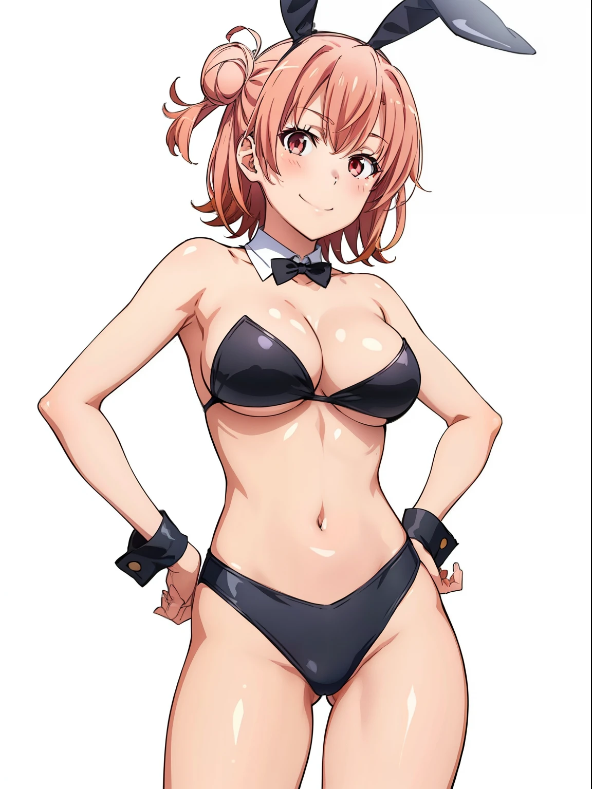 ((masutepiece, Best Quality, hight resolution, nffsw, Perfect Pixel, depth of fields, 4K, )), 1girl in, Solo, , Beautiful anime girl, Beautiful Art Style, close up, Looking at Viewer, Perfect body, Yuigahama Yui, Short hair, single hair bun, pink hair, (large boob), Full face blush, Smile, thighs thighs thighs thighs, black playboy bunny, white background, Leading Ahead, hands on hips , Cowboy Shot, Focus,