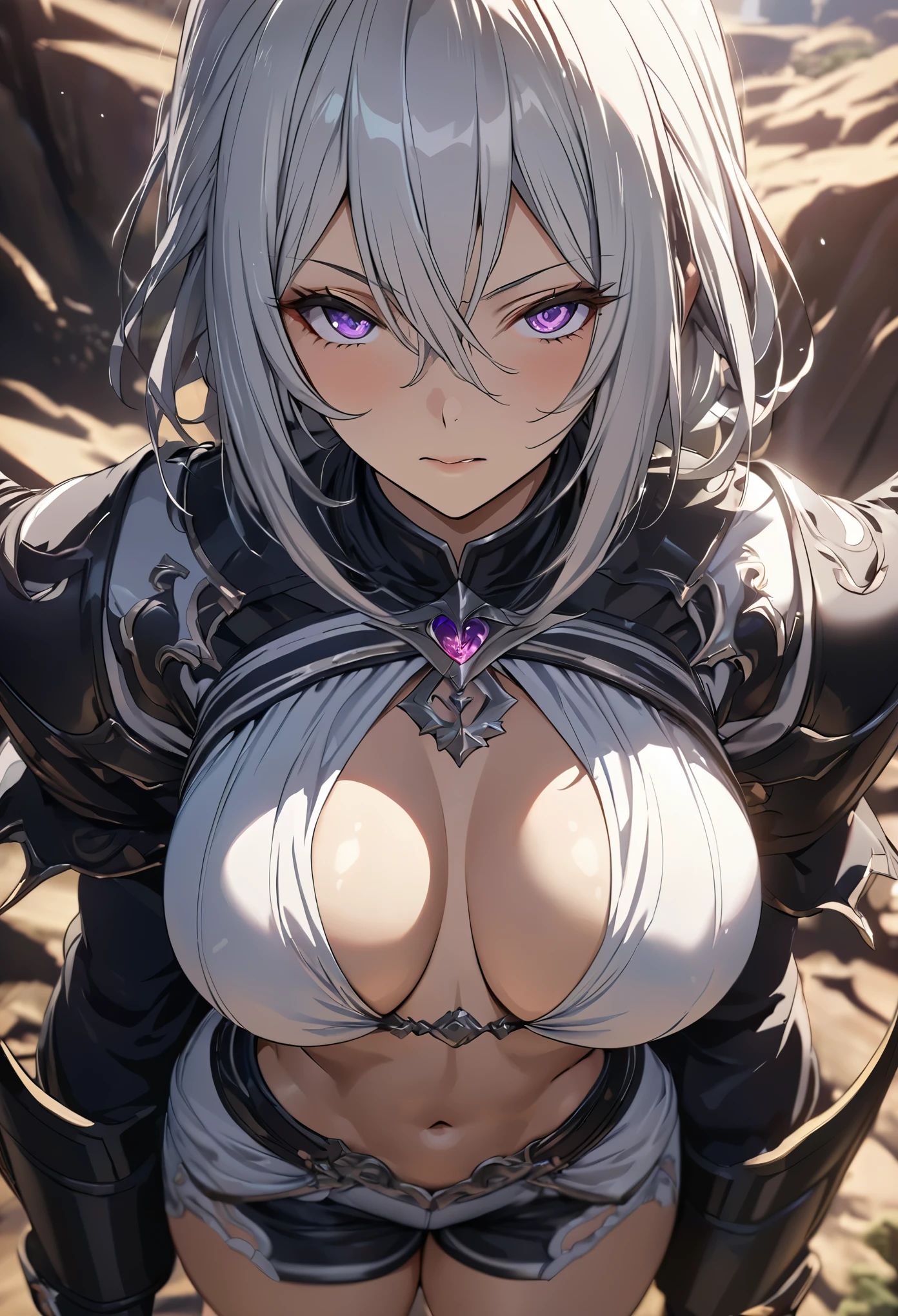 ((solo)), (woman), purple eyes, silver hair, short-medium hair, straight hair, (sculpted body), medium-???????????, thick, mature body, (27 year old), a close up of a person over a canyon under the sundown, detailed key anime art, casimir art, masamune shiro, masamune, beautiful woman in demon slayer art, heise jinyao, shadowverse style, (no logos), shorts, white shirt, cool clothes, detailed clothes, eye reflection, depth of field, cinematic lighting, ray tracing, depth of field, cinematic lighting, ray tracing, UHD, high details, best quality, highres, high quality, award winning, super detail, masterpiece, 8k, UHD, high details, best quality, highres, high quality, award winning, super detail, masterpiece, 8k, anime coloring
