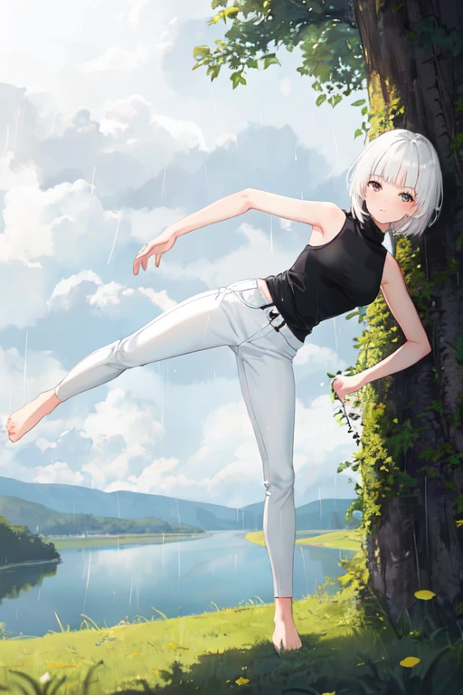 1girl, short hair, white hair, blunt bangs, shirt, [black shirt::7], turtleneck, sleeveless turtleneck, bare shoulders, long pants, [white pants::5], bare feet, standing, grass, lake, nature, rainy weather, masterpiece, best quality, very aesthetic, absurdres

