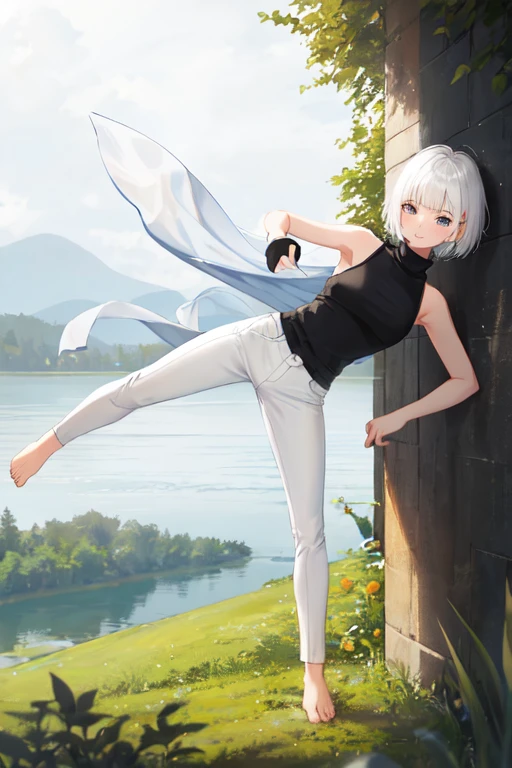 1girl, short hair, white hair, blunt bangs, shirt, [black shirt::7], turtleneck, sleeveless turtleneck, bare shoulders, long pants, [white pants::5], bare feet, standing, grass, lake, nature, rainy weather, masterpiece, best quality, very aesthetic, absurdres
