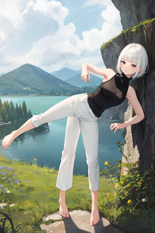 1girl, short hair, white hair, blunt bangs, shirt, [black shirt::7], turtleneck, sleeveless turtleneck, bare shoulders, long pants, [white pants::5], bare feet, standing, grass, lake, nature, rainy weather, masterpiece, best quality, very aesthetic, absurdres
