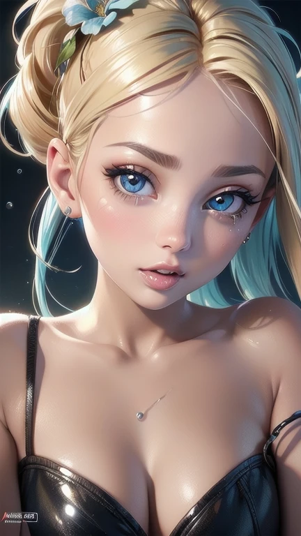 a close up of a woman with blue hair and a flower in her hair, makeup. unreal engine, wet shiny skin, slightly tanned, close up of a blonde woman, captivating glowing lights, bronze face, inspired by Petros Afshar, portrait of nordic girl, tears running down face, 4 k editorial photograph, glossy photo,flat chested,pov, Orgasm and passion on the face, excited lips,orgasmface, Very excited look and look