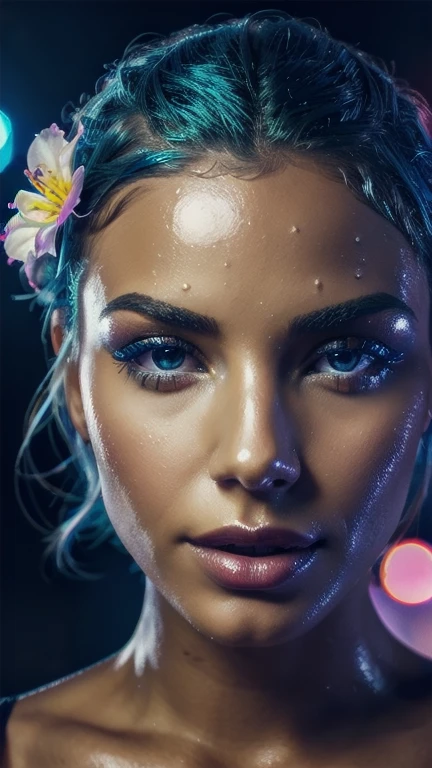 a close up of a woman with blue hair and a flower in her hair, makeup. unreal engine, wet shiny skin, slightly tanned, close up of a blonde woman, captivating glowing lights, bronze face, inspired by Petros Afshar, portrait of nordic girl, tears running down face, 4 k editorial photograph, glossy photo,flat chested,pov, Orgasm and passion on the face, excited lips,orgasmface, Very excited look and look