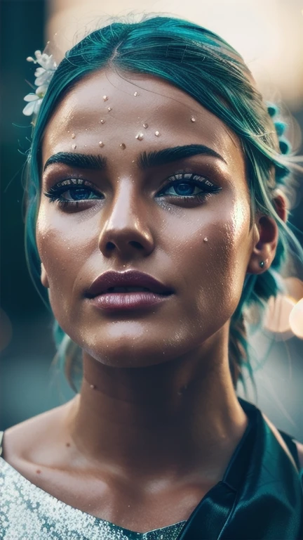 a close up of a woman with blue hair and a flower in her hair, makeup. unreal engine, wet shiny skin, slightly tanned, close up of a blonde woman, captivating glowing lights, bronze face, inspired by Petros Afshar, portrait of nordic girl, tears running down face, 4 k editorial photograph, glossy photo,flat chested,pov, Orgasm and passion on the face, excited lips,orgasmface, Very excited look and look
