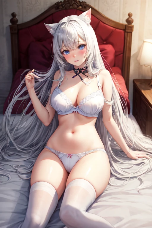 A beautiful anime Neko girl. She has long white hair that covers her ears and white cat ears. The girl has light blue eyes and a slight blush runs across her face. She has medium breasts and large thighs. The girl is only wearing a tight white bra, tight white panties, and tight white socks. The girl is gigantic as she looks down at the camera. Her legs are in a wide open and are in a circle. The girl is inside a house next to a bed with pink sheets. The girl is laying down on the bed. High resolution, best quality, bust shot, anime, anime girl, close up