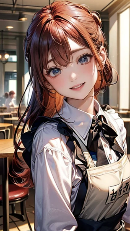 A breathtaking masterpiece、Filmed in breathtaking 8K resolution、The portrait is exquisitely painted、It&#39;s real.。The scene is bathed in HDR light..、It depicts a beautiful woman in the middle distance.、((chignon:1.8、straight hair、redhead:1.4))、medium breasts、high school girl、(Cafe:1.4)、((blouse、The apron is beautiful、Store logo included。There is a name tag on the chest、We welcome our customers with a bright smile。))、(Arched back pose)、Her hands were placed gently on her head、blush、Ahegao:1.6、She exudes an aura of grace and charm..。 ((intrusion, put your hand on your head)), 