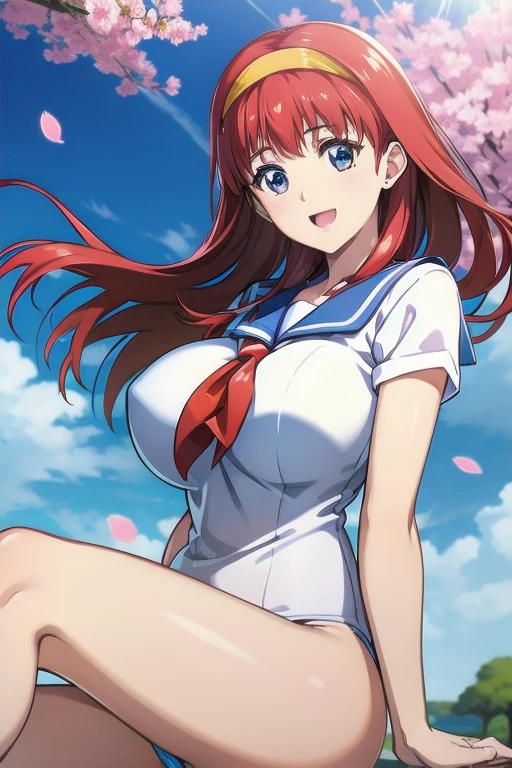 (Highly detailed beautiful face and eyes:1.2),(laugh together),((big breasts))、The wind is blowing it up、White high knee panties、
beautiful feet,sailor suit、,redhead、yellow headband、Cherry blossom trees、
(highest quality,masterpiece:1.2),1 girl,looking at the viewer,
Natural light,hair blowing in the wind,beautiful detailed sky,