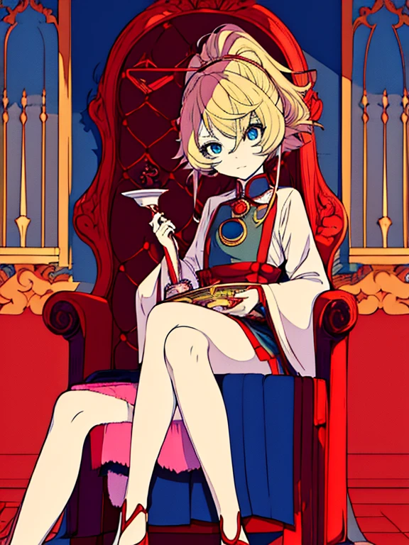 anime girl sitting in a red chair with blood on the floor, a pastel inspired by Li Chevalier, pixiv, process art, demon slayer rui fanart, sitting on her throne, sitting on a throne, sitting on his throne, sitting in a gilded throne, sat in his throne, portrait of ((mischievous)), on her throne, sitting on the throne
