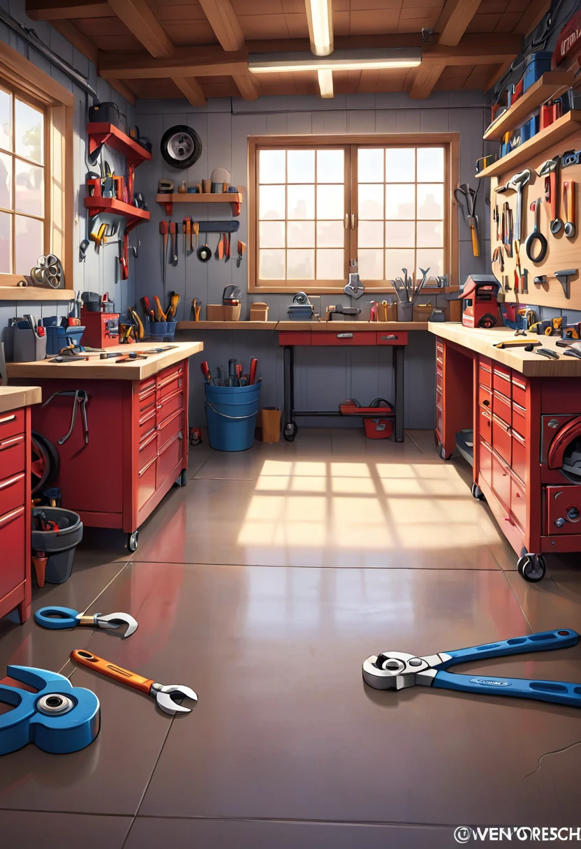 create an illustration of a workshop, (((((no people or cars))))) empty workshop in the disney pixar style from the film disney cars illustration of a mechanic workshop that on the wall on the left side has several tools in the foreground and on the floor there are some tools in the foreground. Such as wrench, pliers, wheel wrench. Features progressive blur from left to right, 60 degree view