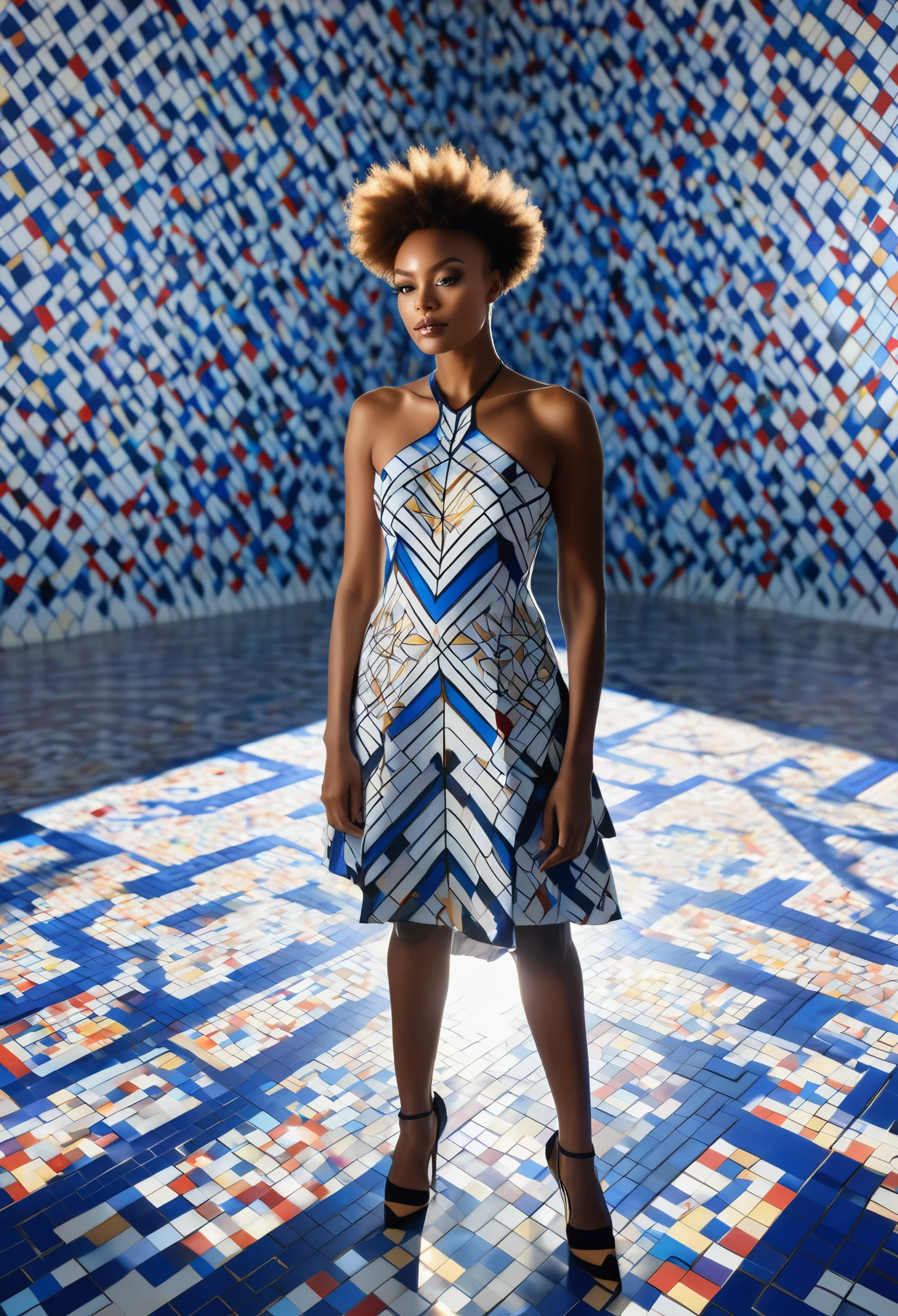 Aerial view shot of black woman wearing a crested crane designed dress, she's standing in an empty place with the floor and background designed by red, blue and white cubism art squares, a beautiful vibrant light shining providing an artistic and creative imagery, 32k, ultra HD imagery.