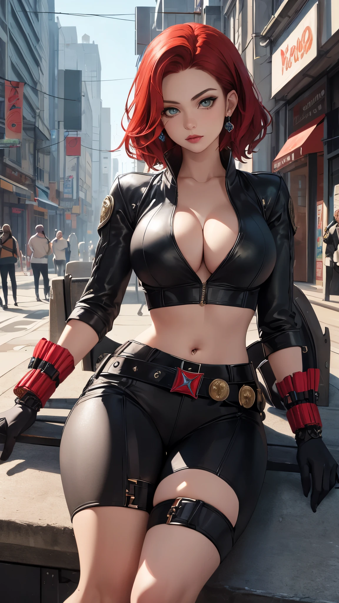 (Highly quality, masterpiece, detailed), city detailed scenario, city detailed background, solo, 1 woman, red hair, black leather cropped top, sleeve, cleavage, black belt, bracelet, black gloves, blackwidow, sitting on a bench, beautiful eyes, Sexy pose