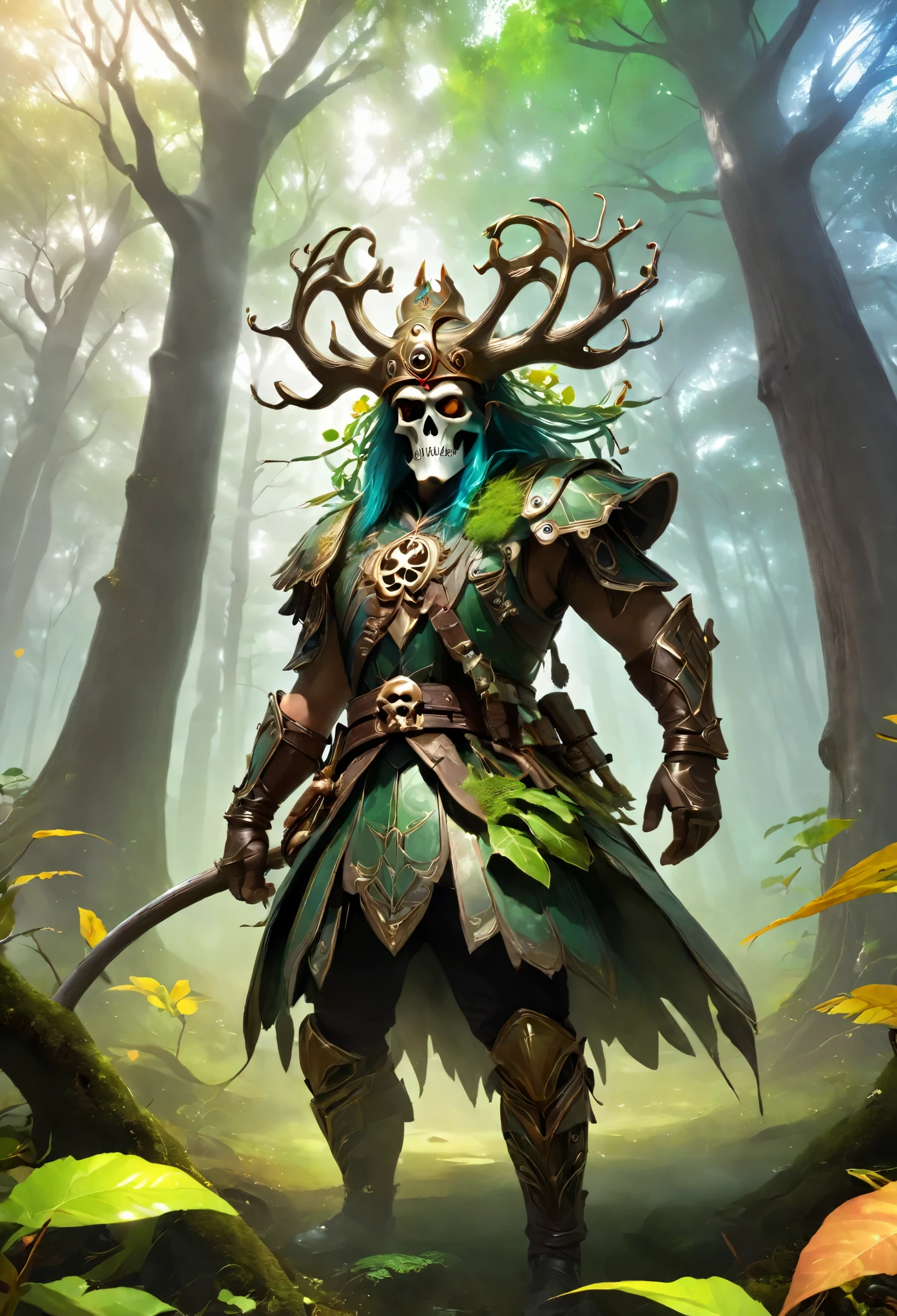 primer plano: 1.3, (obra maestra: 1.5), (Mejor calidad: 1.6), (ultra high resolution: 1.4), ogro verde fuerte y robusto, dynamic pose, con hombreras y huesos de cuero, colmillos grandes y afilados, leather belt with a skull, taparrabos, detailed illustration, elfos intrincados, idílicos y magicals en el bosque: 1.5, paisaje, colores vibrantes, amanecer, sun rays passing through the trees, leaves falling from the trees, dew on leaves and plants, nubes, ( (magical, Hermoso, de otro mundo, trees:1.4)), ((Mejor calidad, vibrante, 32k, sombras claras y bien definidas)).