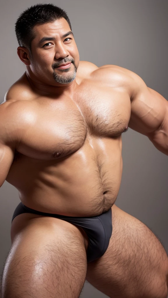 black hair, middle-aged man, individual, male, Muscular wrestler, muscular, Stout wrestler, Asian, Japanese, uncle, 55 year old middle-aged man, short hair, short hair, yellow wrestling boots, full body portrait, shadow, Vision, yellow briefs, obesity, 45 years old, short beard, middle-aged man, tattoo, fingerless gloves, Wheat skin, shiny skin, dark skin, Show your pectoral muscles, sumo wrestler, bodybuilder, wide temples, Visible abdominal muscles, Smile, Fine hands, solid color background, pure white background, Surrealism, Panorama, 8k, super detail,