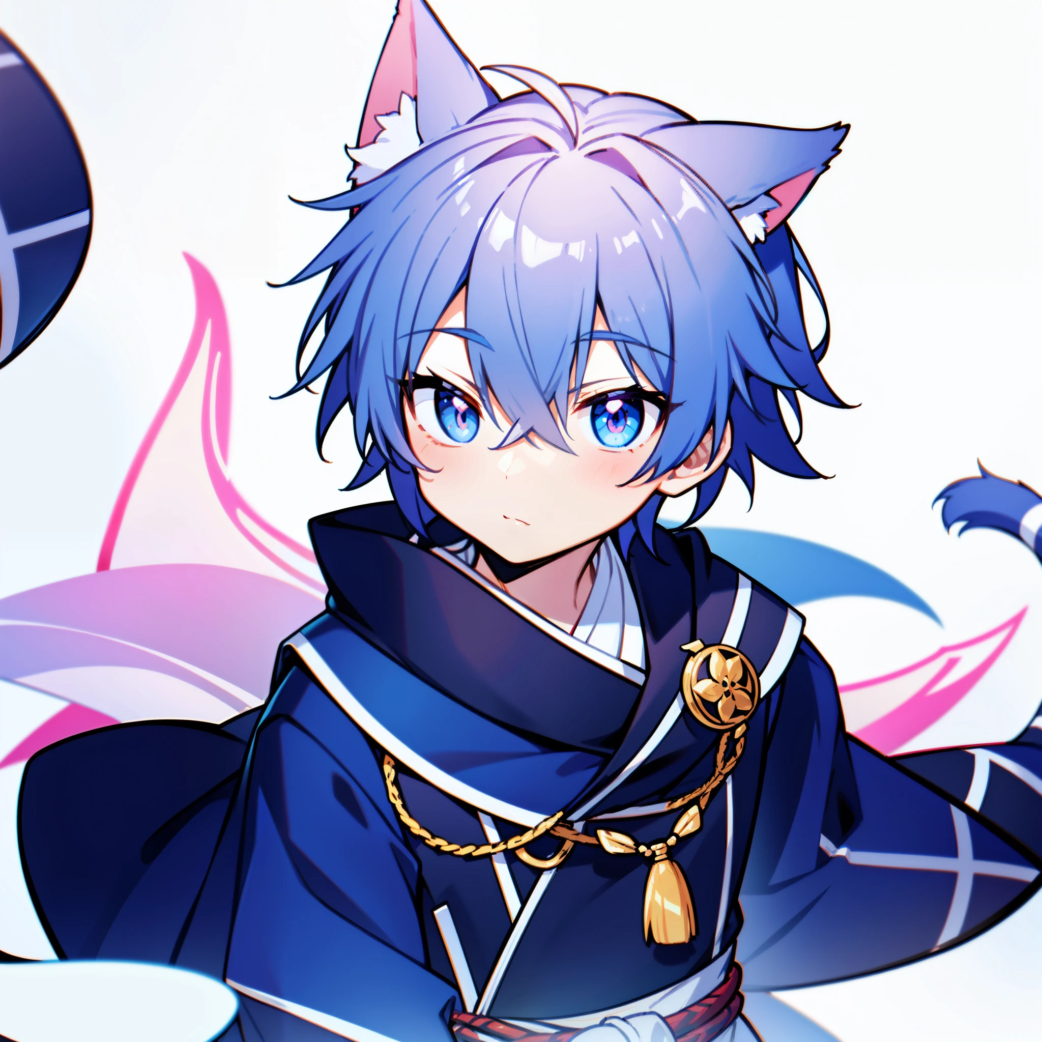 Cute boy character with a cat head and a blue eyes, inspired by Okumura Masanobu, ((wearing aristocrat robe)), handsome japanese demon boy, anime moe artstyle, boy with cat ears and tail, inspired by Okumura Togyu, inspired by Bian Shoumin, by Kanbun Master, emo boy with cat ears and tail