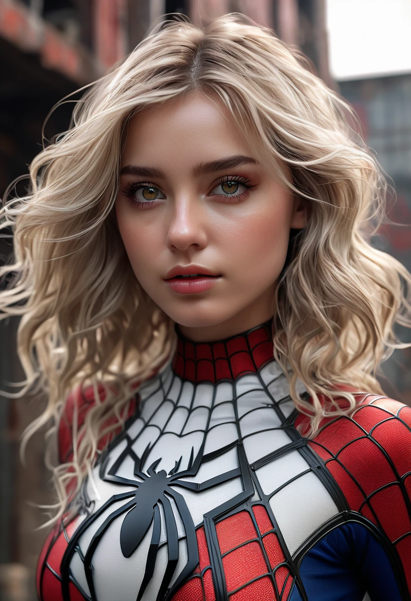 (1girl:1.3), solo, (((extremely detailed face))),(((extremely detailed eyes and face))),beautiful detailed eyes,body-parts__, official art, unified 8k wallpaper, super detailed, beautiful and aesthetic, beautiful, beatiful blond wavy hair, masterpiece, best quality, raw, masterpiece, super fine photo, best quality, super high resolution, photorealistic realism, sunlight, full body portrait, amazing beauty,, dynamic pose, delicate face, vibrant eyes, (from the front), she is wearing a Spider-man suit, red and black color scheme, spider, very detailed abandoned warehouse background, Detailed face, detailed complex busy background, messy, gorgeous, milky white, highly detailed skin, realistic skin details, visible pores, sharp focus, volumetric fog, 8k uhd, DSLR, high quality, film grain, fair skin, photo realism, lomography, huge metropolis in future dystopia, seen from below, translucent, ash blond wavy hair, dark brown roots, many highlights, dark gree eyes
