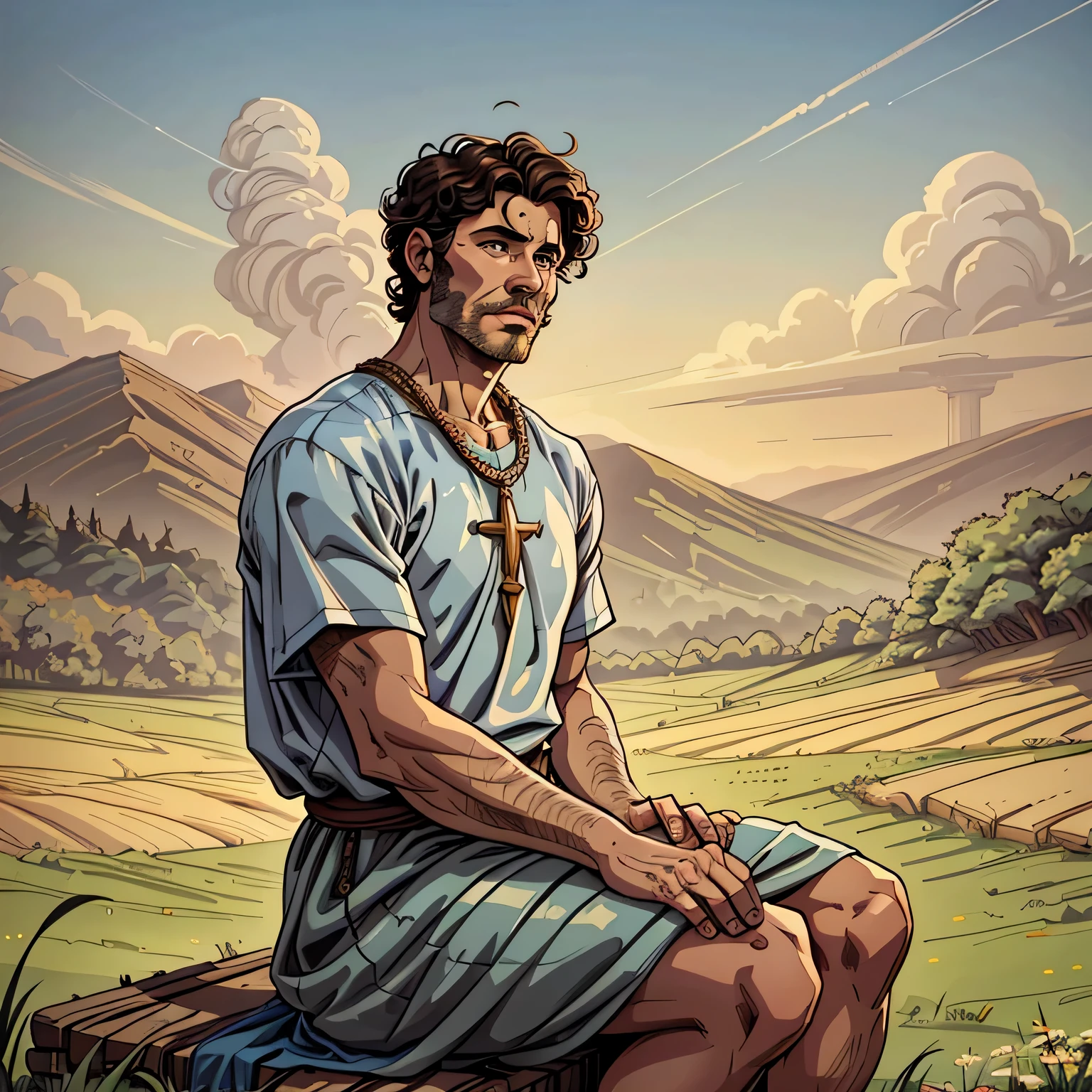 best quality image, man, 45 years old, biblical style, short curly hair, no beard, decisive look, wearing Hebrew style clothes, nothing in his hands, sitting in a field biblical style, Hebrew, biblical character