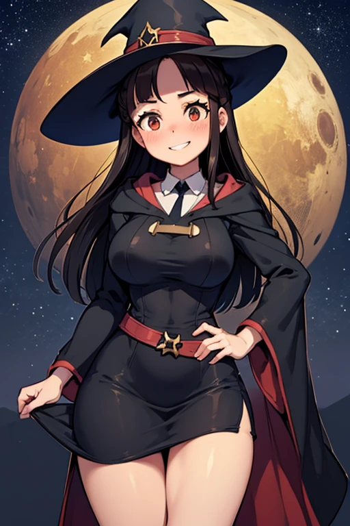 A black haired female witch with brown eyes with an hourglass figure in a conservative victorian dress is watching the stars with a big smile while blushing