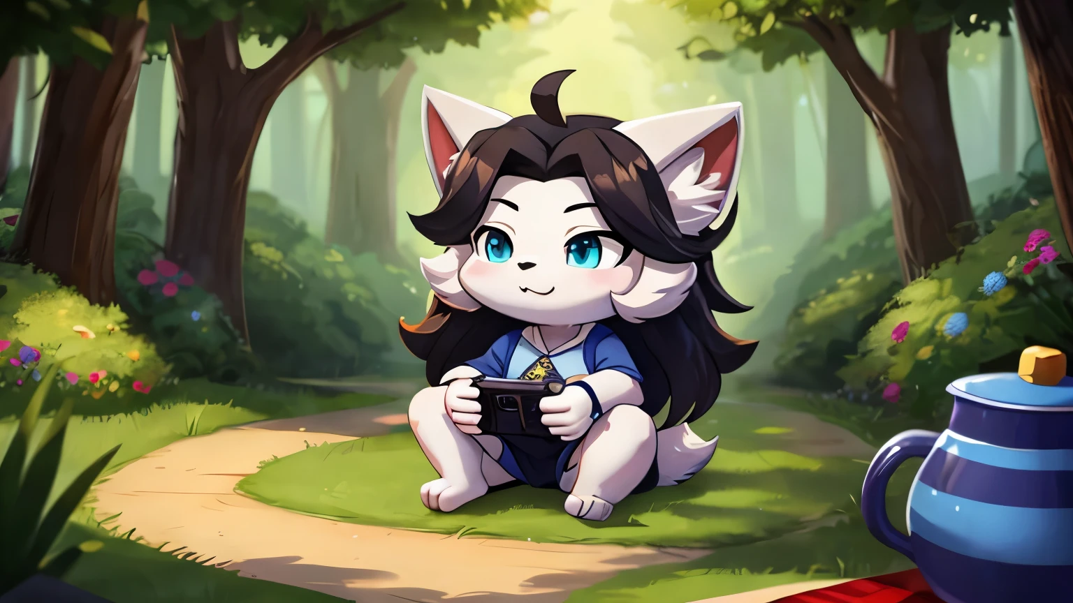 Twitch background 8 bit gaming, forest, trees, samurai temmie, cute, playing console