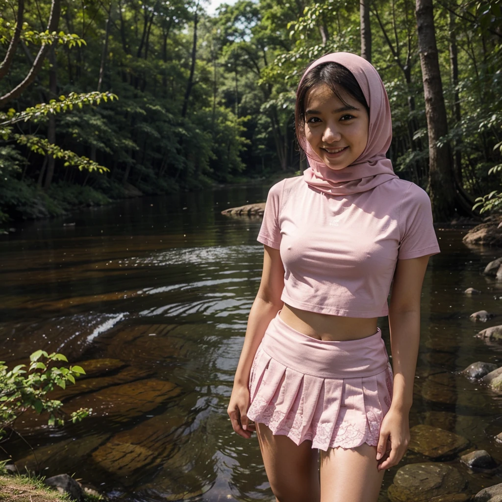 A 18 years old Indonesian woman in pink hijab, wearing pink lace tight t-shirt, wearing very short see-through white pleated skirt, skirtlift, villager, poor woman, darker skin, curvier body, short body, smiling and standing by a lake in a dark forest, look to the viewer with eye close