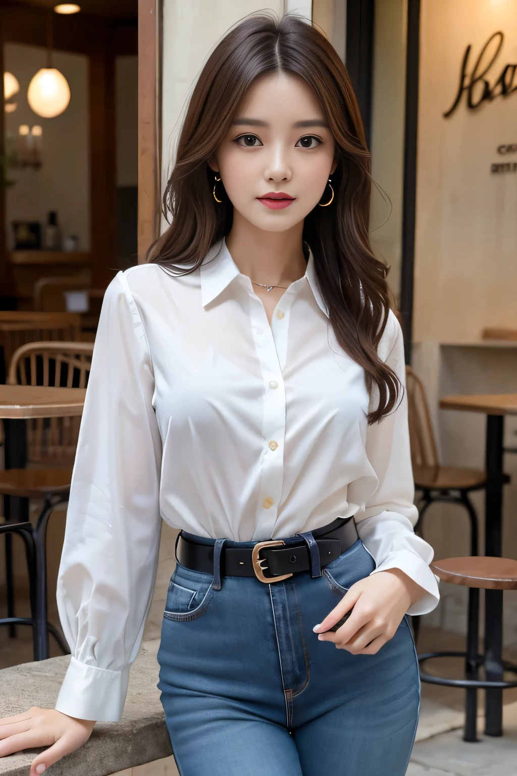 table top, highest quality, realistic, very detailed, In detail, High resolution, 8k wallpaper, 1 beautiful woman,, light brown messy hair, jeans,,Black shiny patent leather belt, White and blue striped button-down shirt,sharp focus, Fully dynamic configuration, beautiful and delicate eyes, fine hair, Delicate and realistic skin texture, laughter, close-up portrait, model body shape, Full body shot of me standing in front of a cafe