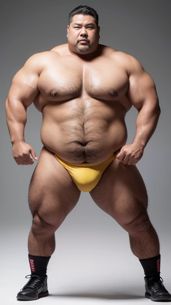 black hair, middle-aged man, individual, male, Muscular wrestler, muscular, Stout wrestler, Asian, Japanese, uncle, 55 year old middle-aged man, short hair, short hair, yellow wrestling boots, full body portrait, shadow, Vision, yellow briefs, obesity, 45 years old, short beard, middle-aged man, tattoo, fingerless gloves, Wheat skin, shiny skin, dark skin, Show your pectoral muscles, sumo wrestler, bodybuilder, wide temples, Visible abdominal muscles, Smile, Fine hands, solid color background, pure white background, Surrealism, Panorama, 8k, super detail,