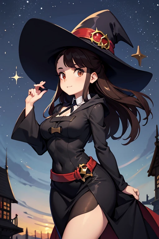 A black haired female witch with brown eyes with an hourglass figure in a conservative victorian dress is posing in a flurry of sparkles at night